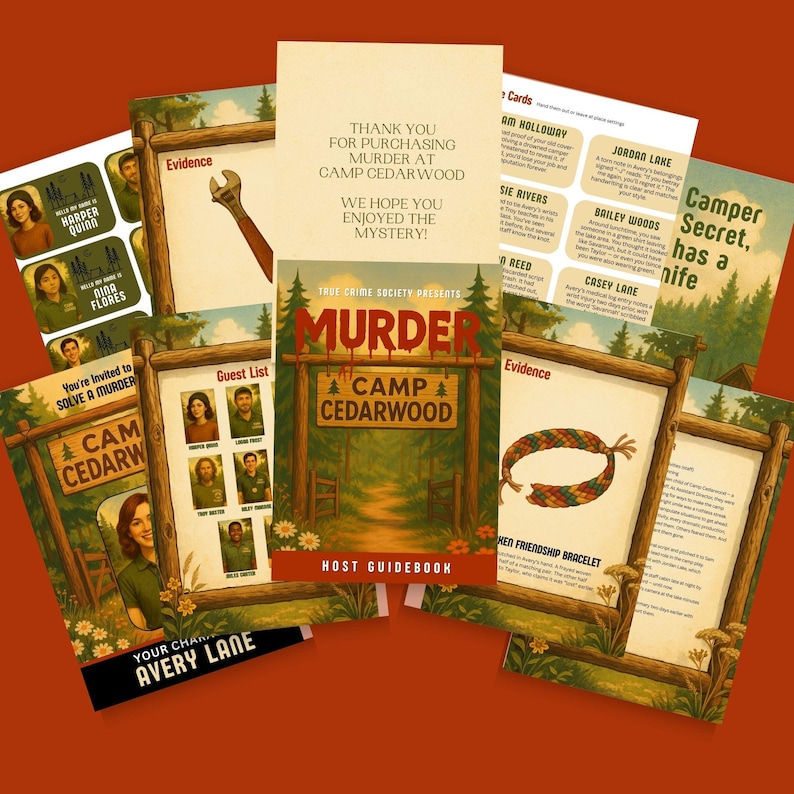May include: A collection of printed materials for a murder mystery game, including a host guidebook, evidence cards, guest list, and thank you note. The game is themed around "Camp Cedarwood" with a forest and wooden sign design.