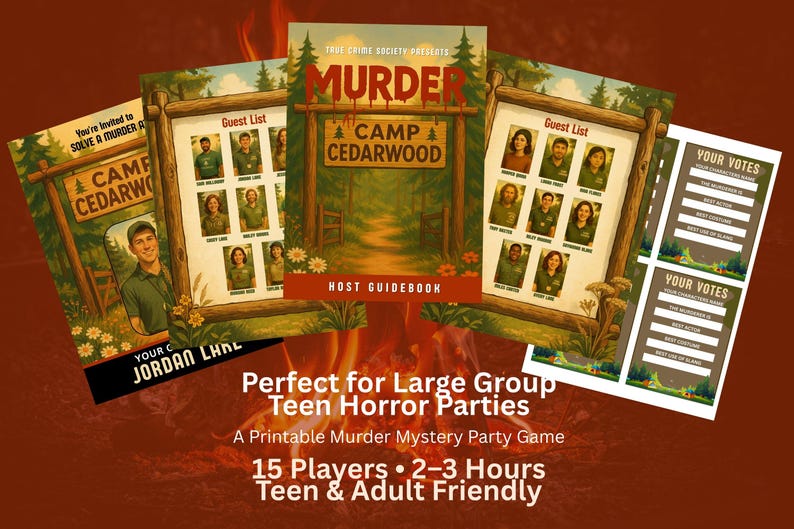 May include: A printable murder mystery party game with the title "Murder Camp Cedarwood". The game includes a host guidebook, guest list, and voting sheets. The game is designed for 15 players and takes 2-3 hours to play.