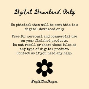 K&ouml;nnte beinhalten: Cremefarbene Grafik f&uuml;r digitalen Download mit schwarzem Text. Der Text lautet "Nur digitaler Download" und enth&auml;lt Details zur pers&ouml;nlichen und kommerziellen Nutzung. Eine schwarze Blumengrafik und der Text "Bright Chic Designs" sind ebenfalls enthalten.