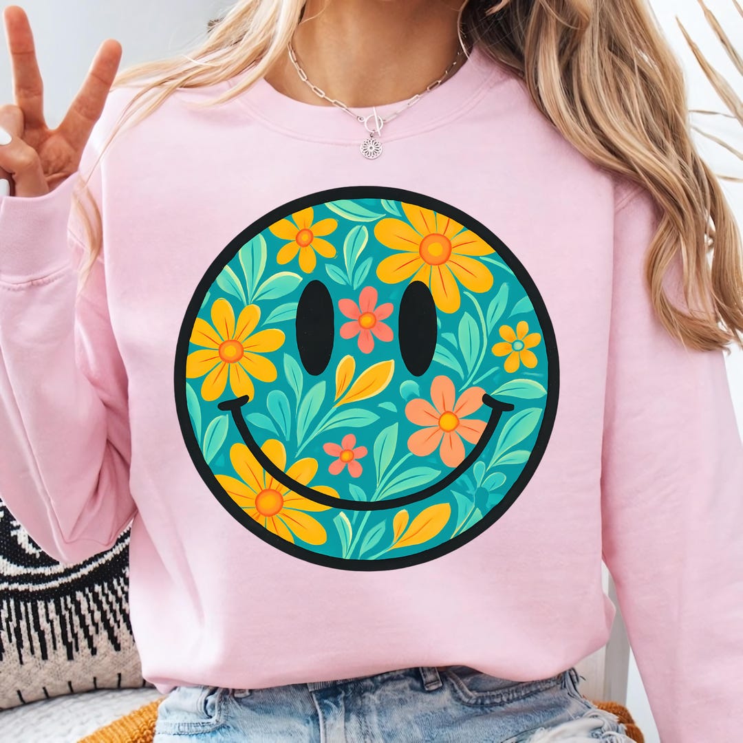 Retro Smiley Face Summer PNG Preppy Floral Sunshine Sublimation Design ...