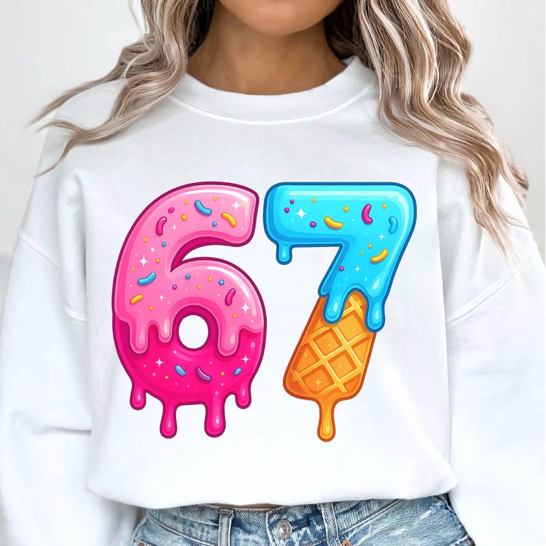 67 Shirt PNG – Ice Cream Drip Number, Six Seven Meme SVG, Gen Alpha Trend Clipart, Teen Girl Gift, Baseball Lifestyle USA (digital download) image 1
