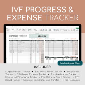 May include: A digital spreadsheet on a laptop screen titled "IVF PROGRESS & EXPENSE TRACKER." The spreadsheet includes an expense tracker, with a total expense of $4,862.16. Includes appointment, lab work, and egg retrieval trackers. Excel & Google Sheet.
