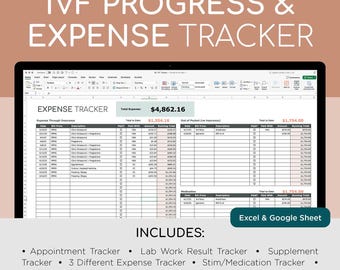 Plantilla para el seguimiento del progreso y los gastos de la FIV: Excel + Google Sheets, Proceso de infertilidad, Citas, Suplementos, Análisis de laboratorio (Descarga digital)