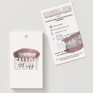 Cartão de desconto promocional para joias dentais | Fotos de dentes da @KarunaGem | Cartão de visita personalizado editável | Código QR | Modelo do Canva | Download digital