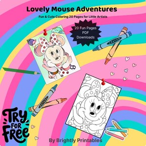 Puede incluir: Una colorida ilustración para niños con un libro para colorear de Minnie Mouse, crayones y el texto "Lovely Mouse Adventures". La imagen incluye el texto "Try for Free" y "20 Fun Pages PDF Downloads".