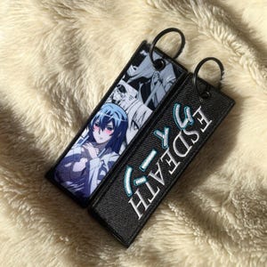 May include: Two black rectangular keychains with metal rings. One keychain features a manga-style illustration of a character with blue hair. The other keychain has the word "ESDEATH" in white and Japanese characters in teal.