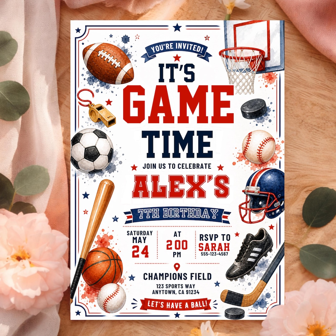Editable Sports Invitation, Sport Theme Invite, Sports Party Birthday