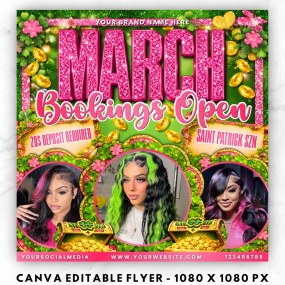 March Booking Flyer, St. Patrick Day Sale Flyer, Book Now Flyer, March Flyer, Hair Braid Lash Nail MUA Booking Flyer, Canva Download