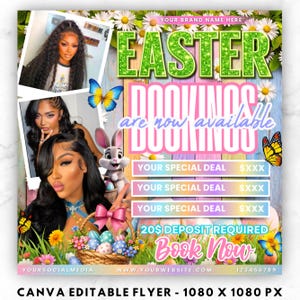 Könnte beinhalten: Oster-Flyer mit dem Text "Oster-Buchungen sind jetzt verfügbar." Enthält Bilder von Frauen, einem Cartoon-Hasen, Ostereiern und Schmetterlingen. Enthält Platz für Sonderangebote und einen Aufruf zum Handeln "Jetzt buchen."