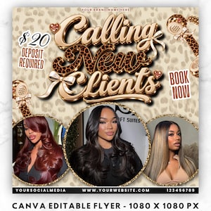 Könnte beinhalten: Eine digitale Flyer-Vorlage mit dem Text Calling New Clients, $20 Deposit Required und Book Now. Das Design umfasst einen Hintergrund mit Leopardenmuster, goldfarbene Wählscheibentelefon-Grafiken und drei kreisförmige Fotorahmen mit Frisuren.