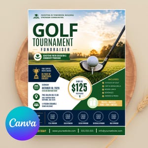 Pode incluir: Um folheto retangular para um torneio de golfe beneficente com uma bola de golfe num tee e um taco num green. O texto inclui GOLF TOURNAMENT FUNDRAISER, 18 de outubro de 2026, Pine Hollow Golf Club e uma taxa de inscrição de 125 $.