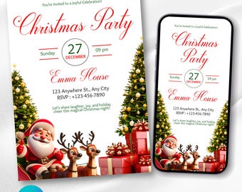 Könnte beinhalten: Eine Weihnachtsparty-Einladung mit festlichem Design. Die Einladung zeigt den Weihnachtsmann, Rentiere, Weihnachtsbäume und Geschenkboxen. Der Text enthält Datum, Uhrzeit und Ort. Der Text "Christmas Party" ist in einer dekorativen Schriftart.