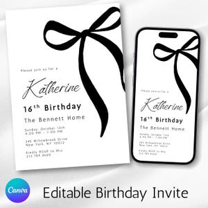 May include: A white birthday invitation with a black bow design and the name "Katherine". The invitation includes the date, time, and location of the event. A smartphone displays the same invitation design.