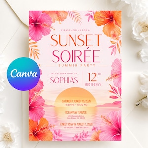 Sunset Soirée Summer Party Invitation, Tropical Party, Summer Evening Party Invite, Beach Party, Birthday Party Invite, Digital Download