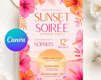 Invitación a fiesta de verano al atardecer, fiesta tropical, invitación a fiesta de verano por la noche, fiesta en la playa, invitación a fiesta de cumpleaños, descarga digital.