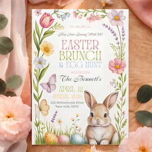 May include: Easter brunch and egg hunt invitation with floral and bunny illustrations. The invitation includes the text "Hop Into Spring With Us! Easter Brunch & Egg Hunt Hosted by The Bennett's April 12, Sunday, 2026".