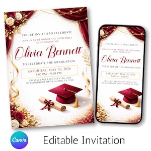 May include: A graduation invitation design featuring a burgundy mortarboard, diploma, and floral accents. The invitation includes the text "Olivia Bennett" and event details. A smartphone displays the same design.