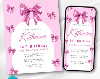 Pink Bow Coquette Bow Birthday Invitation, Girl Pink Birthday Invite, Ribbon Birthday Invitation, Pink Coquette Bow, Canva Editable Digital