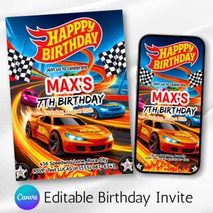 Puede incluir: Una invitación de cumpleaños con temática de coches de carreras. El diseño incluye el texto "Happy Birthday", coches de carreras, banderas a cuadros y los detalles del cumpleaños. La invitación es para el 7º cumpleaños de Max.