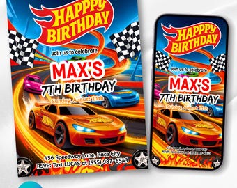 May include: A birthday invitation featuring a race car theme. The design includes the text "Happy Birthday" in a stylized font, race cars, checkered flags, and the birthday details. The invitation is for Max's 7th birthday.