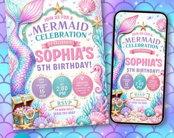 Mermaid Tail Birthday Invitation, Under the Sea Birthday Invite, Girl Birthday Invite, Pool Party, Pastel Birthday Party