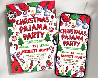 Pajama Invitation, Christmas Party Invitation, Pajama Party Invitation, Holiday Pajama Party, Christmas Sleepover Party, DIY Canva Editable