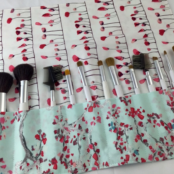 Travel Makeup Brush Roll Holder, Makeup Brush Bag, Makeup Brush Organizer, Makeup Brush Case - Enchanted Leaves Air Blue and Red