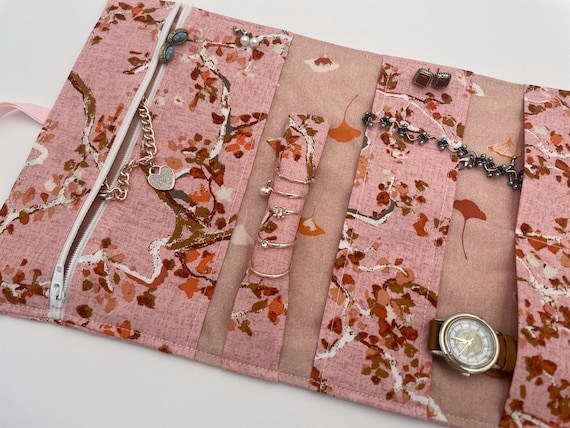 Travel Jewelry Organizer, Travel Jewelry Roll, Fabric Jewelry Pouch, Travel  Jewelry Case, Pink Jewelry Box Enchanted Leaves Powder 