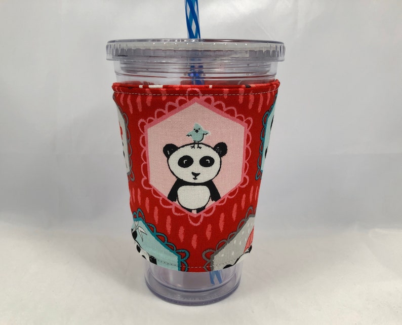 Reversible Coffee Cozy, Insulated Coffee Sleeve, Coffee Cuff, Iced Coffee Sleeve, Hot Tea Sleeve, Cold Drink Cup Cuff Red Panda and Flower image 3
