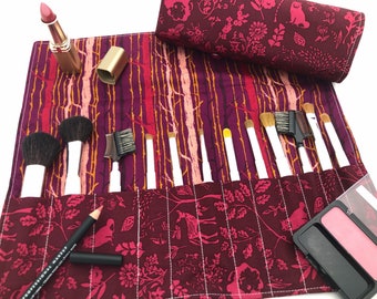 Houder voor make-upborstels, make-upborstelrol voor op reis, organizer voor make-upborstels, tas voor make-upborstels, etui voor make-upborstels - Forest Magenta