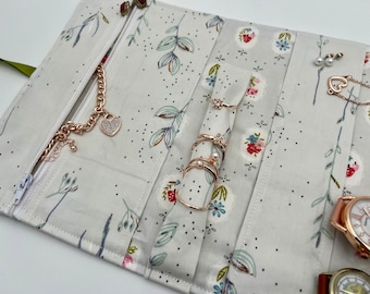 Travel Jewelry Roll, Jewelry Organizer, Jewelry Case, Jewelry Roll Up, Jewelry Travel Bag - Dollhouse Floral