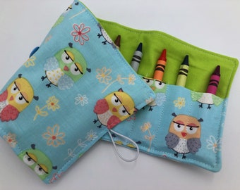 Owl Crayon Roll, Girl's Crayon Caddy, Crayon Case, Travel Crayon Wallet - Owl Friends Blue