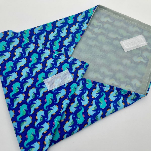 Reusable Sandwich Bag, Mermaid Sandwich Wrap, Reusable Sandwich Mat - Sea Horses Blue