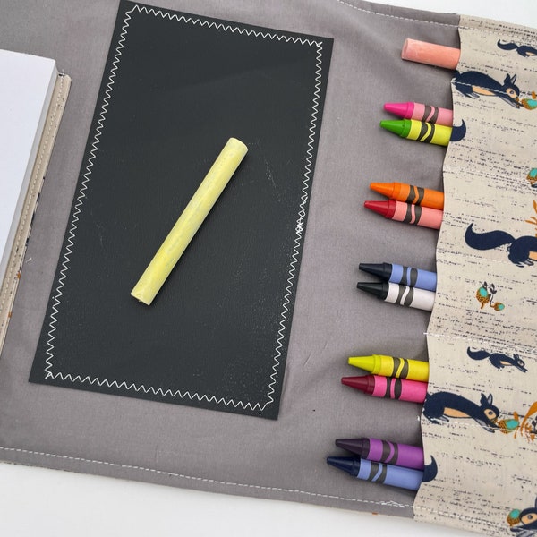 Activity Wallet, Travel Crayon Roll, Chalkboard Mat, Crayon Case, Kid Gift, Pencil Organizer, Creative Toy, Stickers - Squirrels Beige