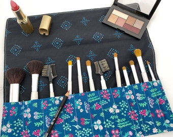 Makeup Brush Roll, Makeup Brush Holder, Travel Makeup Brush Case, Travel Make Up Brush Bag, Cosmetic Brush Roll Up - Aquarelle Floral