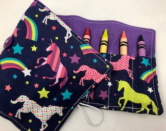 Rainbow Crayon Roll, Crayon Caddy, Gift for Girls, Unicorn Party Favor, Girl's Crayon Case, Purple, Unicorns