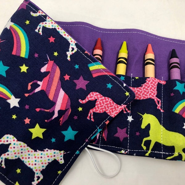 Rainbow Crayon Roll, Crayon Caddy, Gift for Girls, Unicorn Party Favor, Girl's Crayon Case, Purple, Unicorns