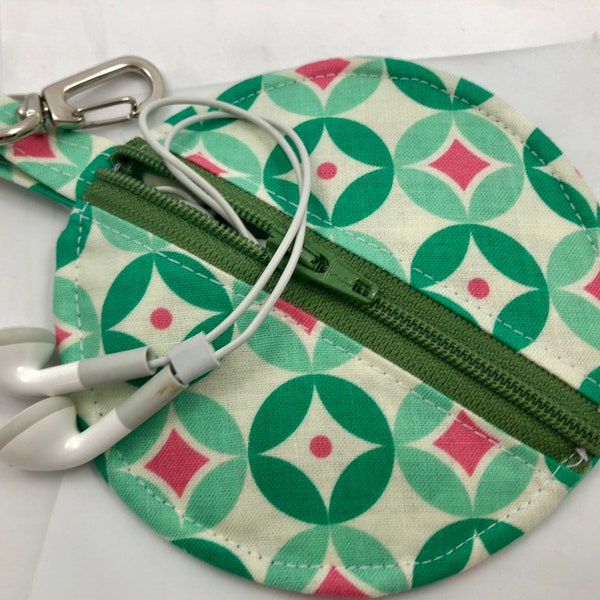 Ear Bud Pouch,  Pacifier Pouch, Pacifier Pod Paci Pod, Circular Zipper Pouch, Earbud Case, Change Purse, Earpod Cozy - Green Diamonds