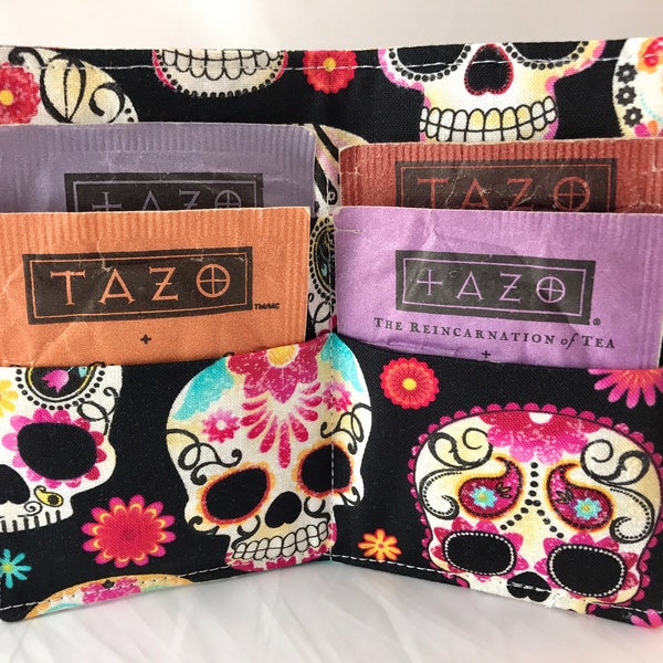 Tea Wallet, Tea Bag Holder, Tea Bag Wallet, Teabag Wallet, Teabag Holder, Tea Bag Organizer - Sugar Skulls Black 59