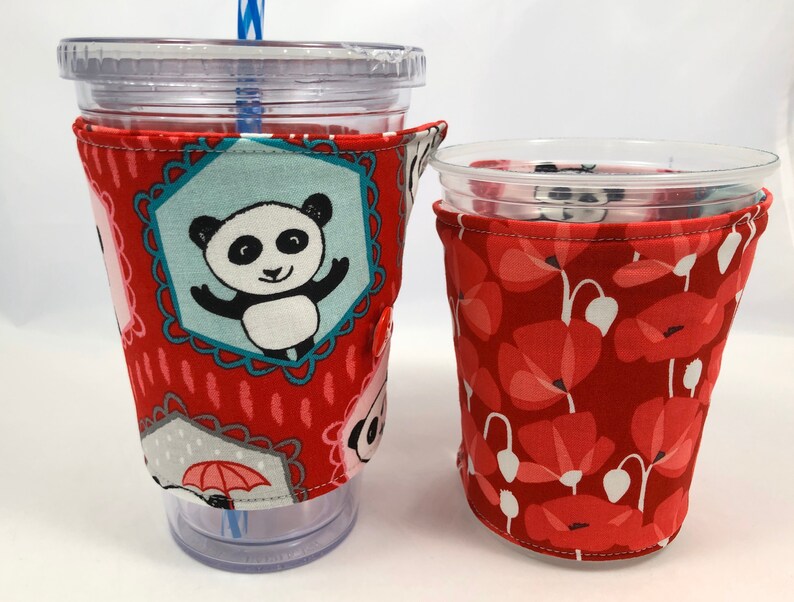 Reversible Coffee Cozy, Insulated Coffee Sleeve, Coffee Cuff, Iced Coffee Sleeve, Hot Tea Sleeve, Cold Drink Cup Cuff Red Panda and Flower image 2