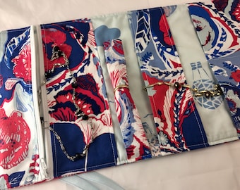 Jewelry Organizer, Travel Jewelry Roll Fabric Jewelry Pouch Travel Jewelry Case Red Jewelry Case - In Blue Interplay in Eclectic