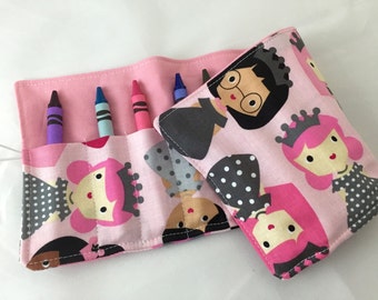 Crayon Roll, Crayon Caddy, Crayons Included, Girl Stocking Stuffer, Travel Toy - Princess on Pink CLEARANCE