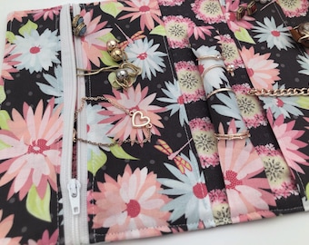 Travel Jewelry Organizer, Jewelry Roll, Fabric Jewelry Pouch, Pink Jewelry Case, Ring Holder - Daisies Gray