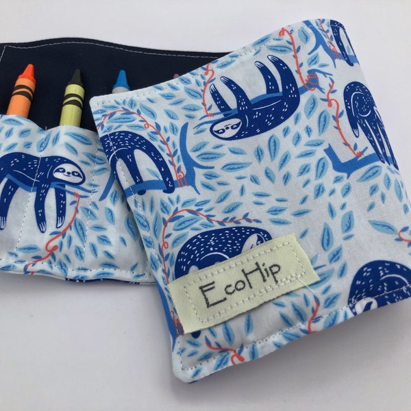 Animal Crayon Roll, Sloths Crayon Caddy, Crayon Case, Crayon Wallet - Sloths in Blue