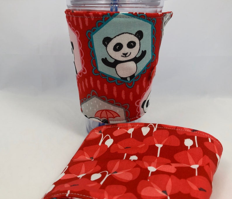 Reversible Coffee Cozy, Insulated Coffee Sleeve, Coffee Cuff, Iced Coffee Sleeve, Hot Tea Sleeve, Cold Drink Cup Cuff Red Panda and Flower image 6