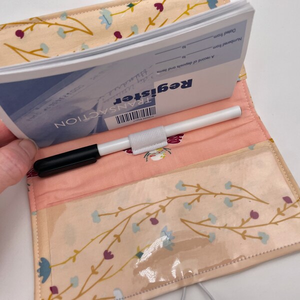 Couverture de chéquier en double beige, porte-stylo, registre de chéquier en double beige, couverture de chéquier en tissu - Pivoines Blush