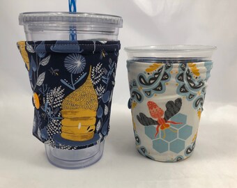 Reversible Coffee Cozy, Insulated Coffee Sleeve, Coffee Cuff, Iced Coffee Sleeve, Hot Tea Sleeve, Cold Drink Cup Cuff - Honey Bee Blue