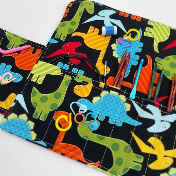 Interchangeable Knitting Needle Case, Knitting Notions Storage, Crochet Hook Roll, Knitting Needle Organizer - Dinosaurs