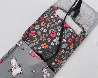 Travel Curling Iron Holder , Curling Iron Case, Flat Iron Holder, Flat Iron Case, Travel Flat Iron Sleeve - Floral Kitty Gray