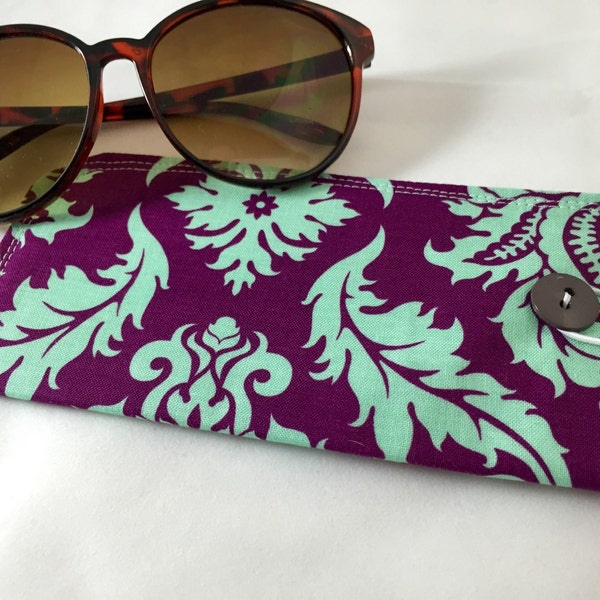 Fabric Eyeglass Case, Sunglasses Sleeve, Soft Eyeglass Pouch, Eye Glasses Cover, Reading Glasses Holder, Glasses Slip Case - Plum Damask